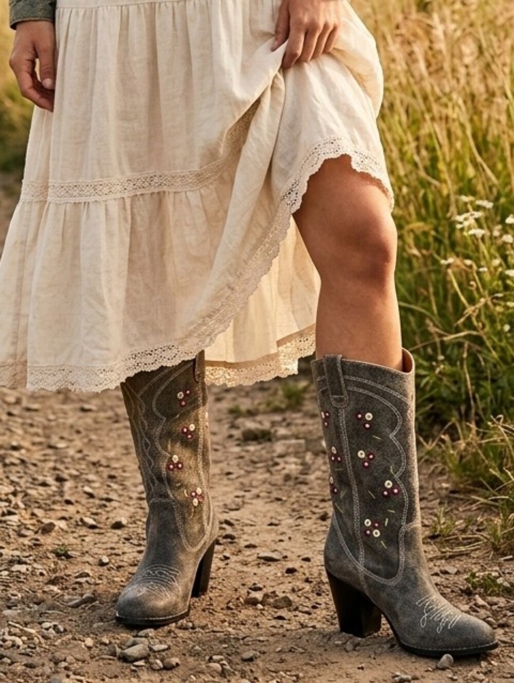 Seycgelles Size 10 Embellished Gray Western Mid-Calf Boots for Women